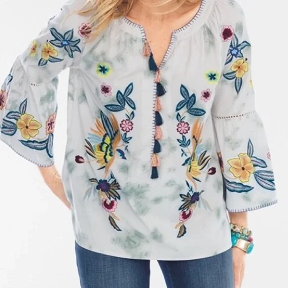 John•Mark Sz Small Embroidered Blue and White 3/4 Sleeve Boho Blouse - Picture 2 of 12